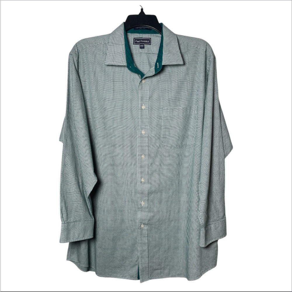 Paul Fredrick Men’s Green Teal Houndstooth Button Down Cotton Dress Shirt 18/35